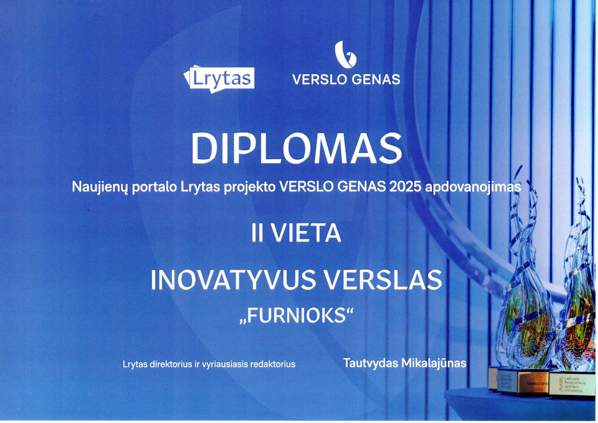 Verslo Genas Award 2025 diploma — 2nd Place, Innovative Business, awarded to FurniOx by Lrytas News Portal